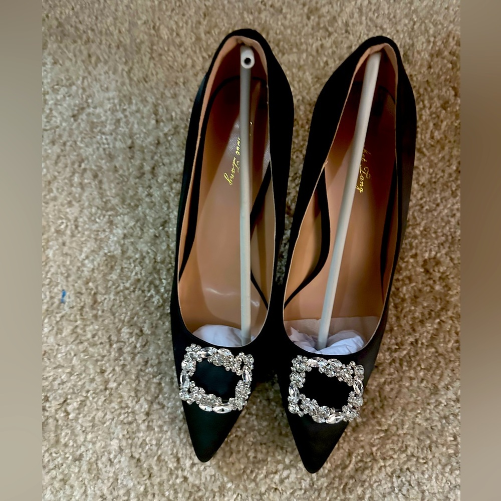 Brand new black satin pumps with rhinestone top